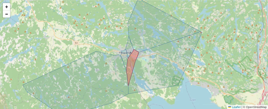 Karta över postnummerområdet  och angränsande postnummer i Sverige