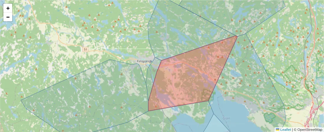 Karta över postnummerområdet  och angränsande postnummer i Sverige