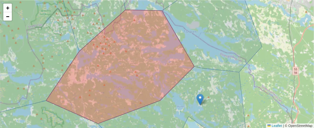 Karta över postnummerområdet  och angränsande postnummer i Sverige