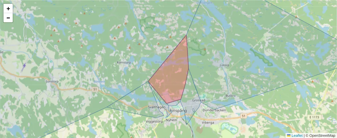 Karta över postnummerområdet  och angränsande postnummer i Sverige