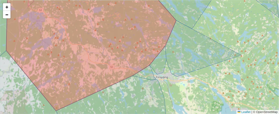 Karta över postnummerområdet  och angränsande postnummer i Sverige