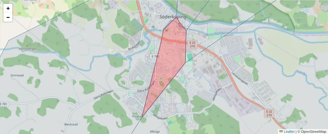 Karta över postnummerområdet  och angränsande postnummer i Sverige