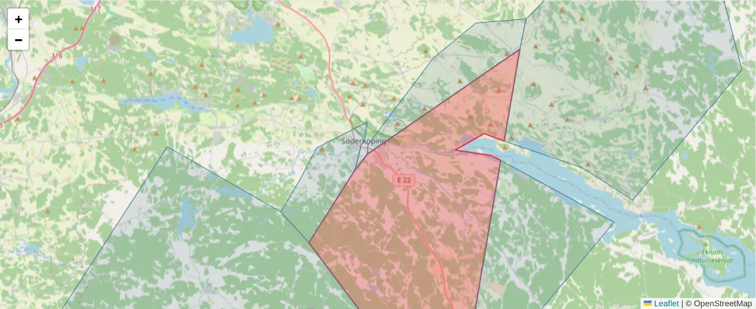 Karta över postnummerområdet  och angränsande postnummer i Sverige