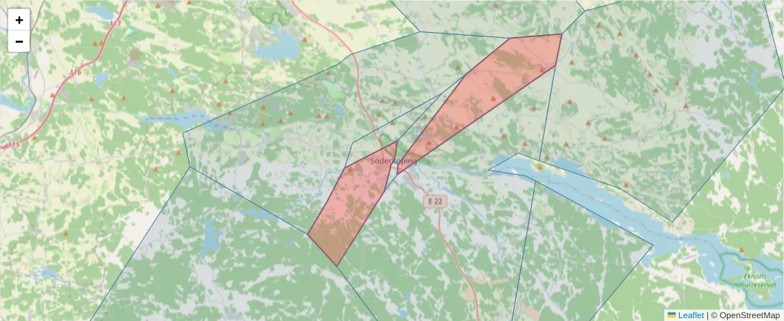 Karta över postnummerområdet  och angränsande postnummer i Sverige