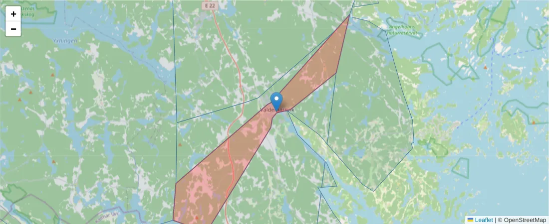 Karta över postnummerområdet  och angränsande postnummer i Sverige