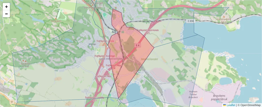Karta över postnummerområdet  och angränsande postnummer i Sverige
