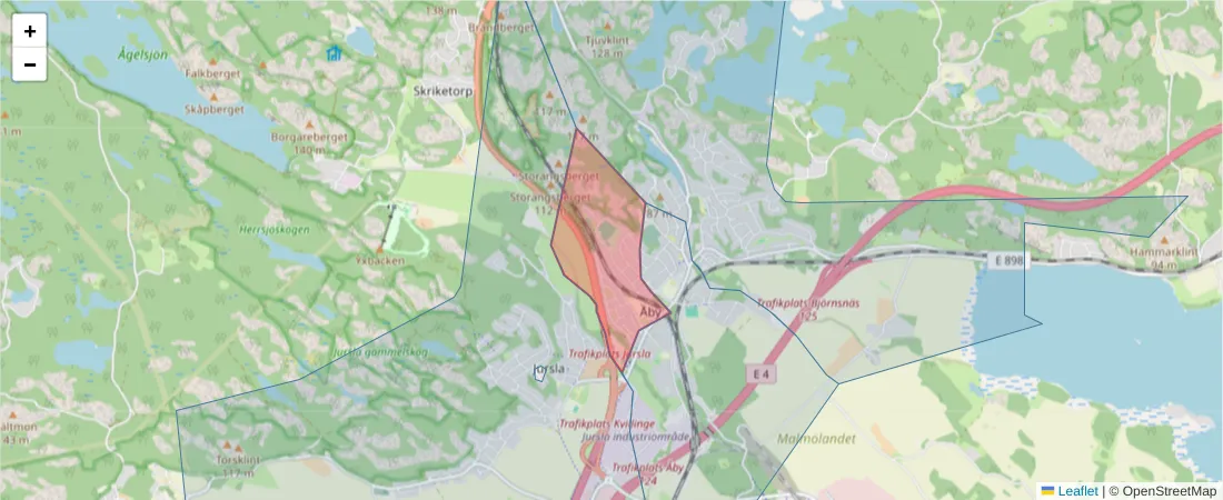 Karta över postnummerområdet  och angränsande postnummer i Sverige