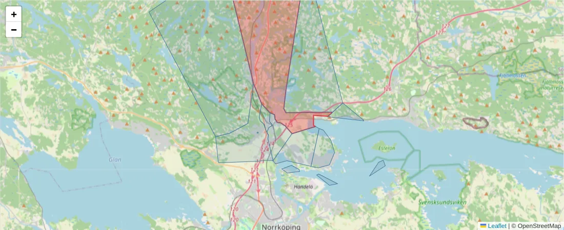 Karta över postnummerområdet  och angränsande postnummer i Sverige