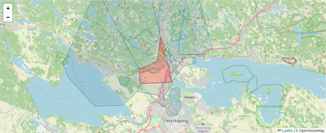 Karta över postnummerområdet  och angränsande postnummer i Sverige