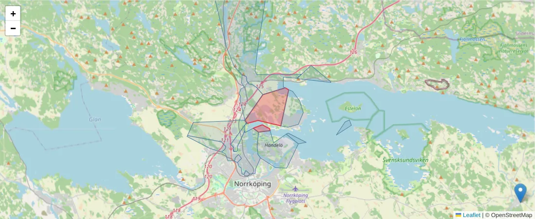 Karta över postnummerområdet  och angränsande postnummer i Sverige