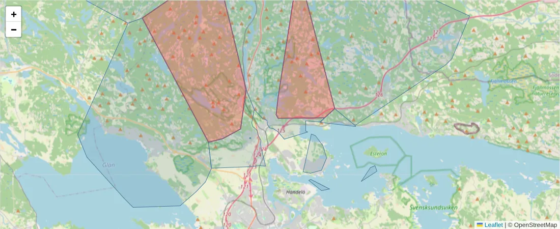 Karta över postnummerområdet  och angränsande postnummer i Sverige