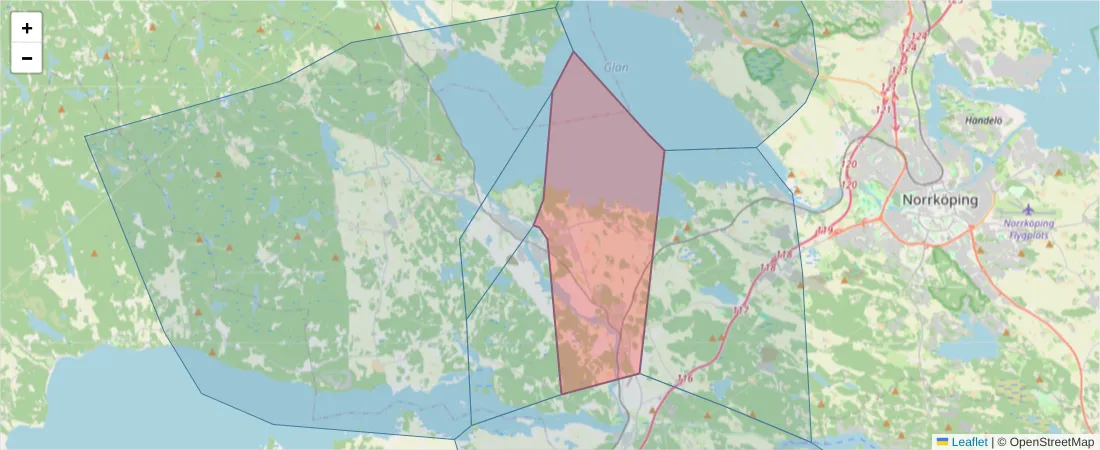 Karta över postnummerområdet  och angränsande postnummer i Sverige