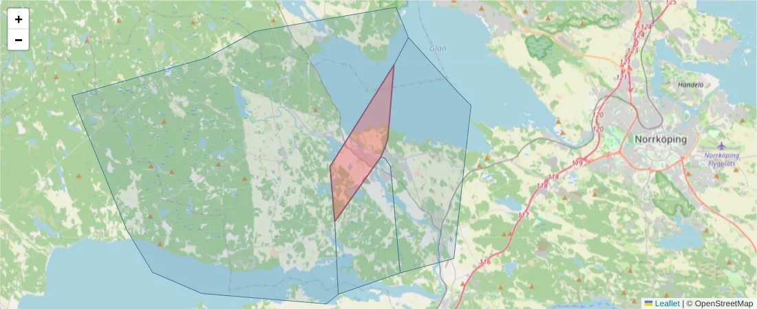 Karta över postnummerområdet  och angränsande postnummer i Sverige