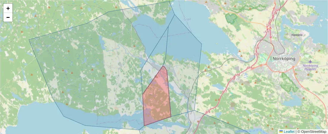 Karta över postnummerområdet  och angränsande postnummer i Sverige