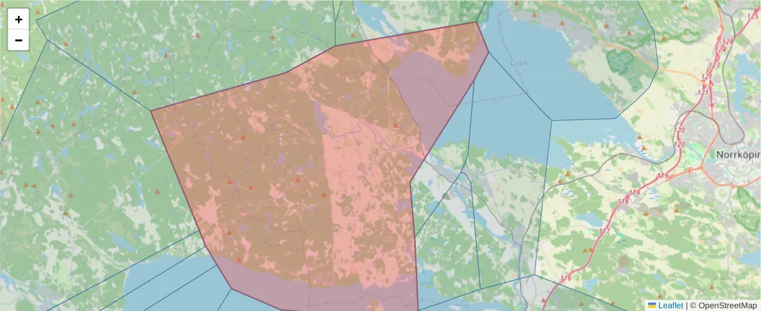 Karta över postnummerområdet  och angränsande postnummer i Sverige
