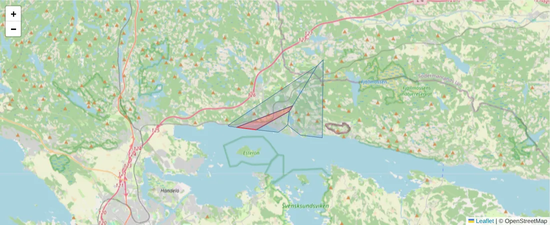 Karta över postnummerområdet  och angränsande postnummer i Sverige