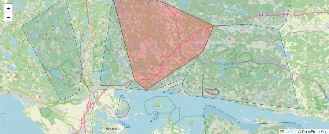 Karta över postnummerområdet  och angränsande postnummer i Sverige