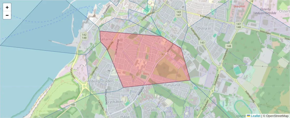 Karta över postnummerområdet  och angränsande postnummer i Sverige