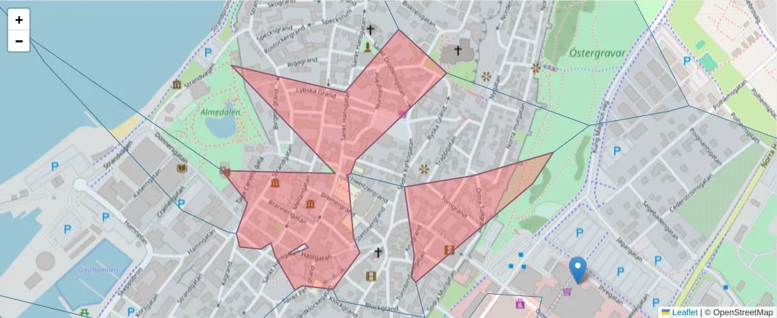 Karta över postnummerområdet  och angränsande postnummer i Sverige