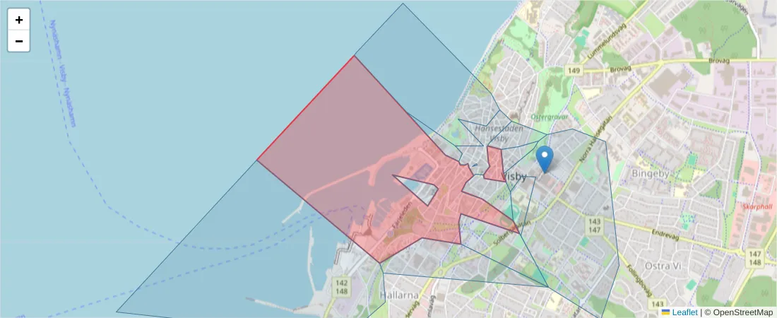 Karta över postnummerområdet  och angränsande postnummer i Sverige