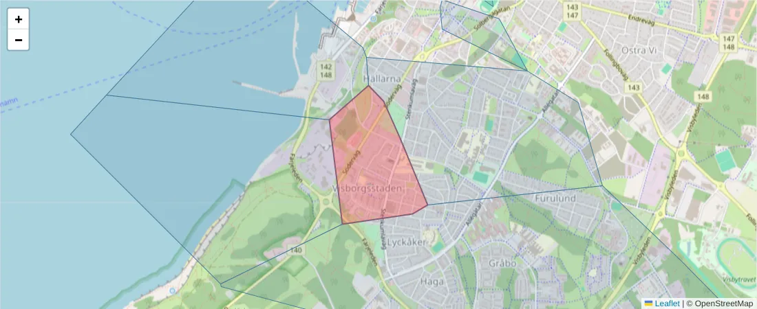 Karta över postnummerområdet  och angränsande postnummer i Sverige