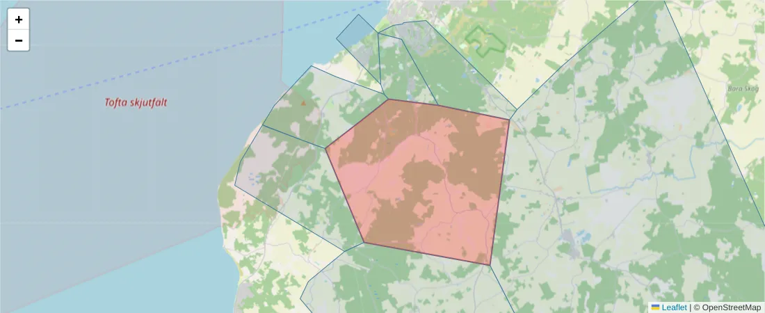Karta över postnummerområdet  och angränsande postnummer i Sverige