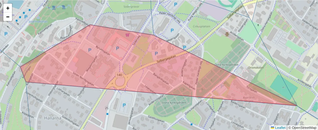 Karta över postnummerområdet  och angränsande postnummer i Sverige