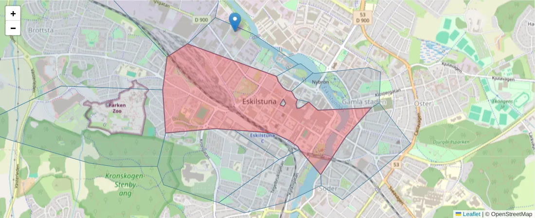 Karta över postnummerområdet  och angränsande postnummer i Sverige
