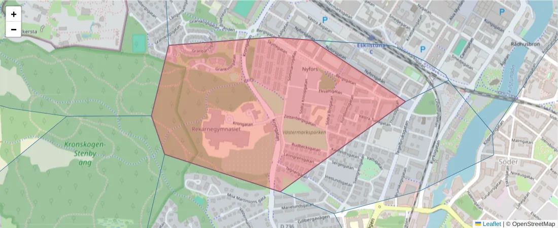 Karta över postnummerområdet  och angränsande postnummer i Sverige