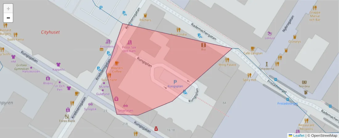 Karta över postnummerområdet  och angränsande postnummer i Sverige