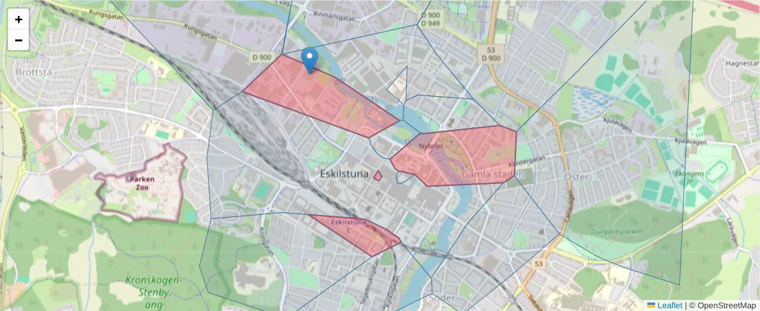 Karta över postnummerområdet  och angränsande postnummer i Sverige