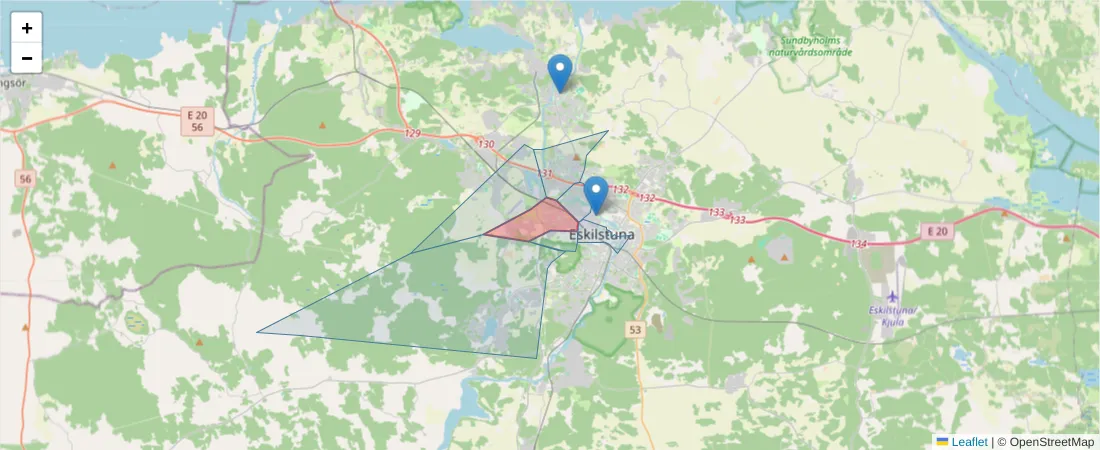 Karta över postnummerområdet  och angränsande postnummer i Sverige