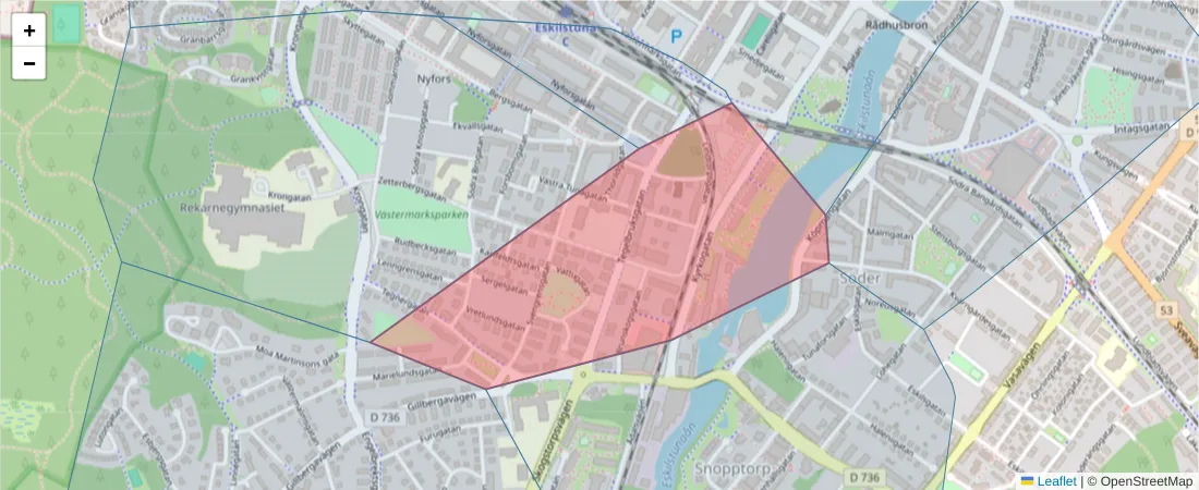 Karta över postnummerområdet  och angränsande postnummer i Sverige