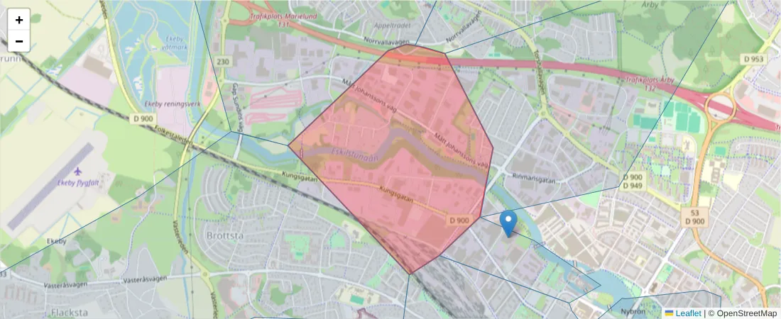 Karta över postnummerområdet  och angränsande postnummer i Sverige