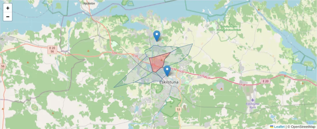 Karta över postnummerområdet  och angränsande postnummer i Sverige