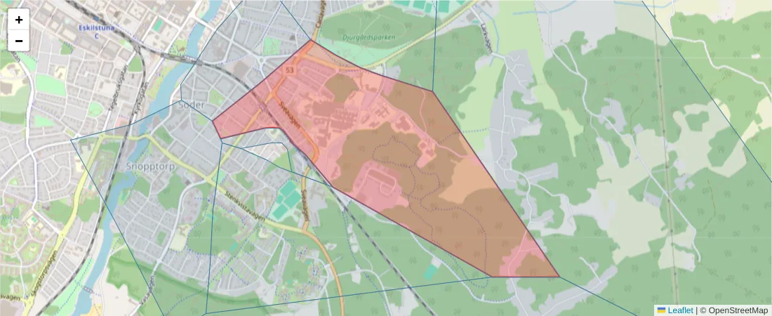 Karta över postnummerområdet  och angränsande postnummer i Sverige