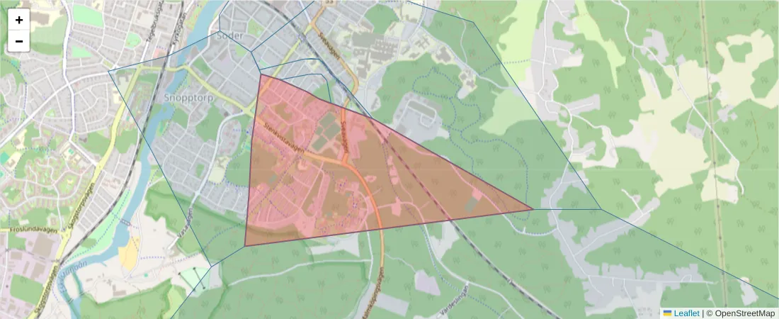 Karta över postnummerområdet  och angränsande postnummer i Sverige