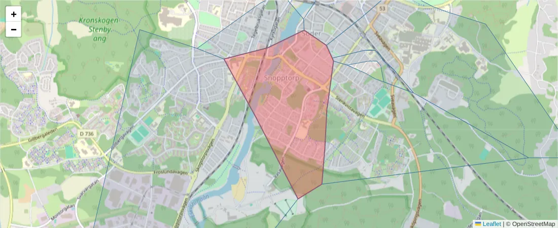 Karta över postnummerområdet  och angränsande postnummer i Sverige