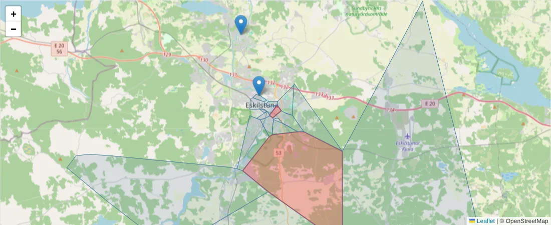 Karta över postnummerområdet  och angränsande postnummer i Sverige