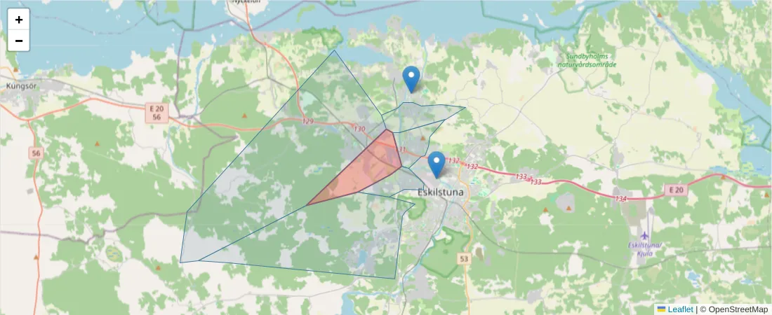 Karta över postnummerområdet  och angränsande postnummer i Sverige