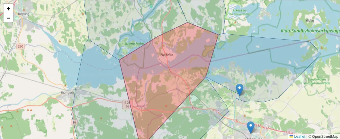 Karta över postnummerområdet  och angränsande postnummer i Sverige