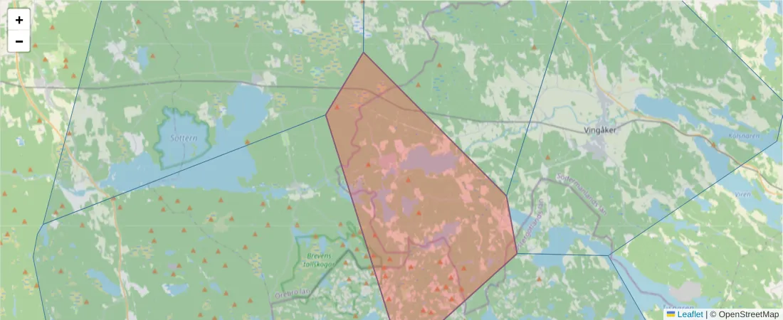 Karta över postnummerområdet  och angränsande postnummer i Sverige