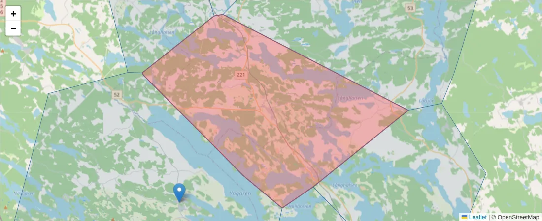 Karta över postnummerområdet  och angränsande postnummer i Sverige