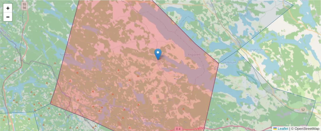 Karta över postnummerområdet  och angränsande postnummer i Sverige