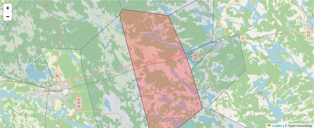 Karta över postnummerområdet  och angränsande postnummer i Sverige