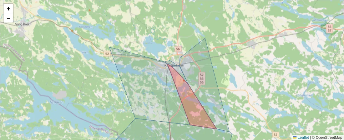 Karta över postnummerområdet  och angränsande postnummer i Sverige