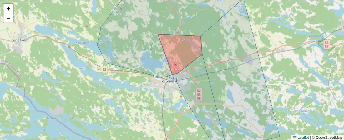 Karta över postnummerområdet  och angränsande postnummer i Sverige