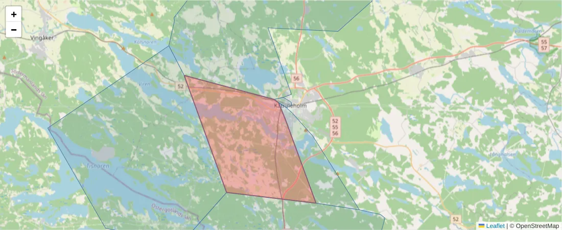 Karta över postnummerområdet  och angränsande postnummer i Sverige