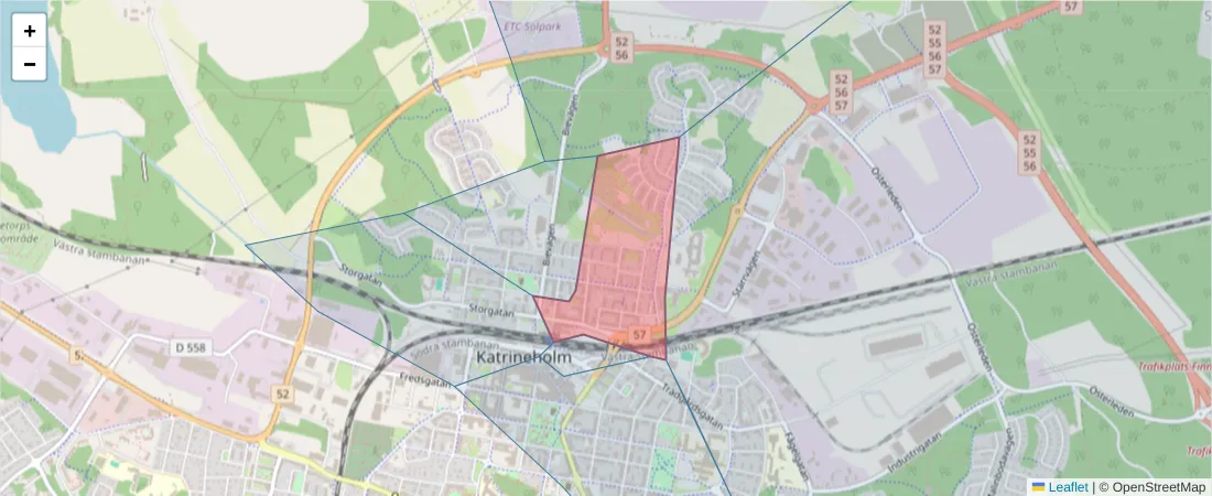 Karta över postnummerområdet  och angränsande postnummer i Sverige