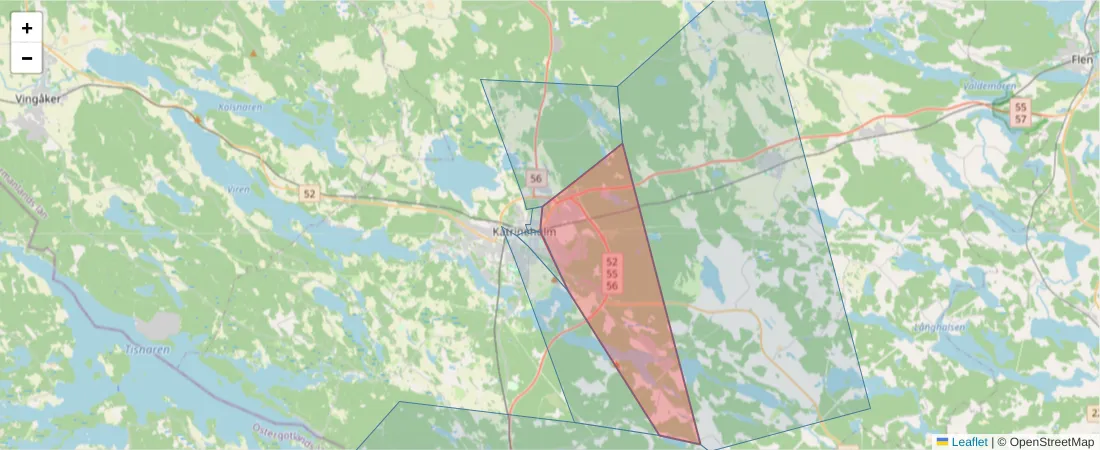 Karta över postnummerområdet  och angränsande postnummer i Sverige
